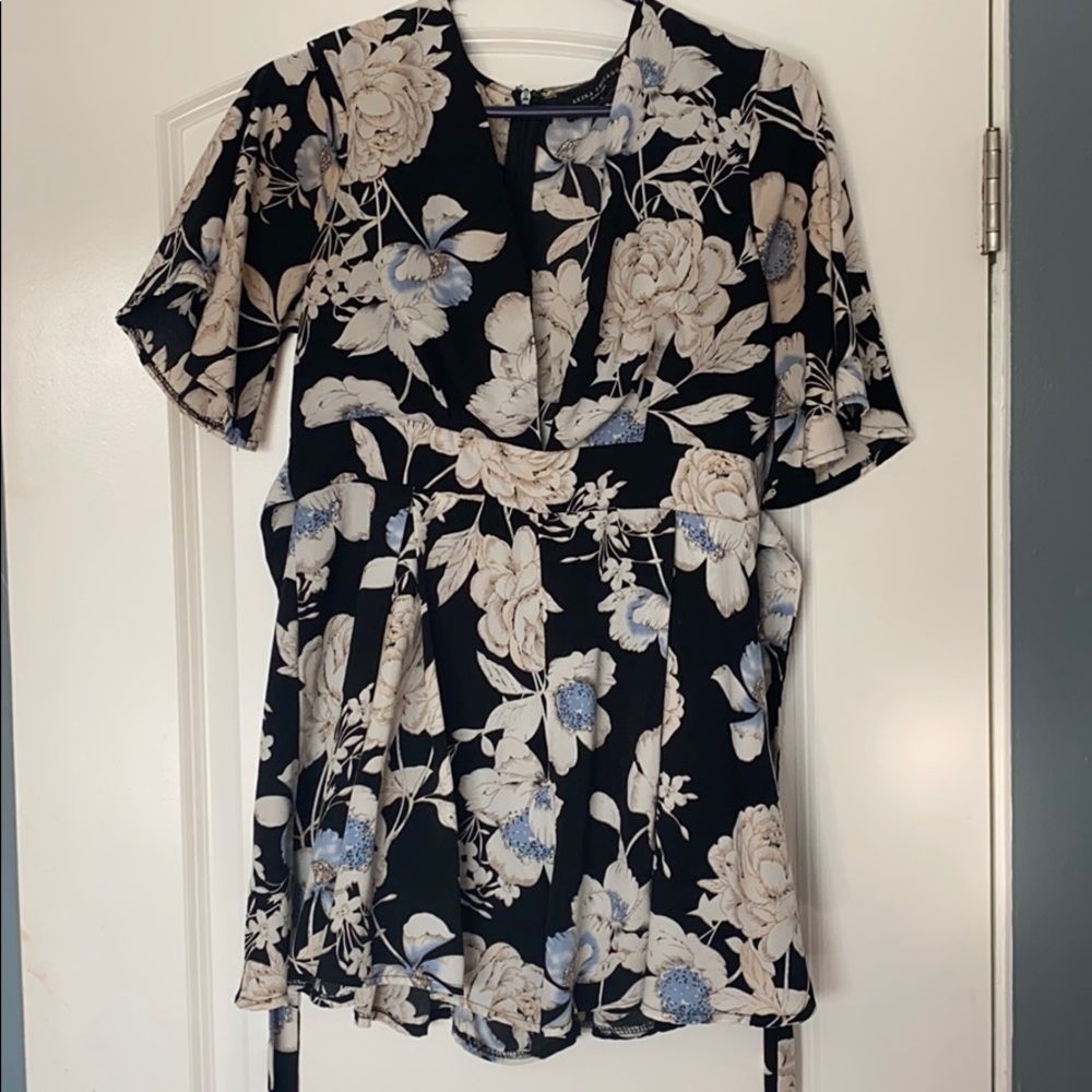 White and Blue Floral Patterned Romper